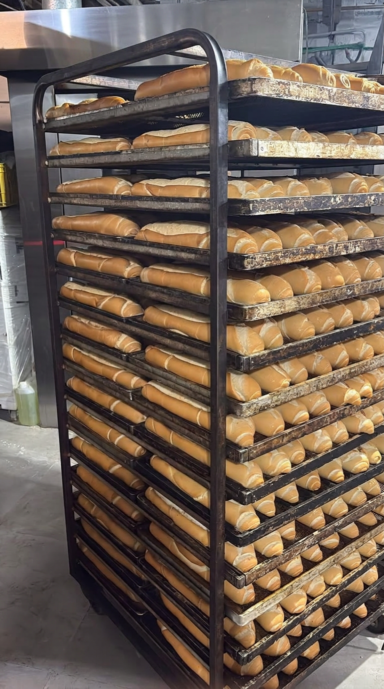 Carro de panadería cargado con bandejas de pan